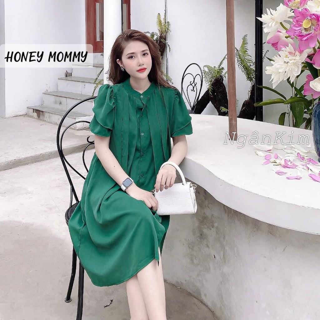  Váy Bầu Sơ Mi Cổ Tàu Xếp Ly Dáng Suông Công Sở HD2626 Honey Mommy Đầm Bầu Hè Ngắn Tay