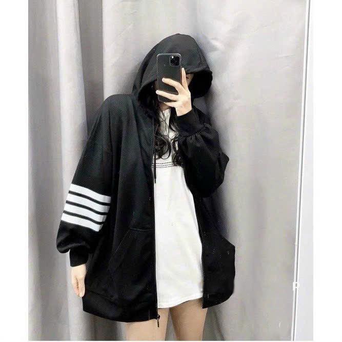 Áo Khoác Nữ Hoodie Màu Đen Dây Kéo 3 Gạch Tay Nỉ Dày Dặn Kiểu Hàn Quốc Thời Trang Siêu Đẹp HTM FASHION