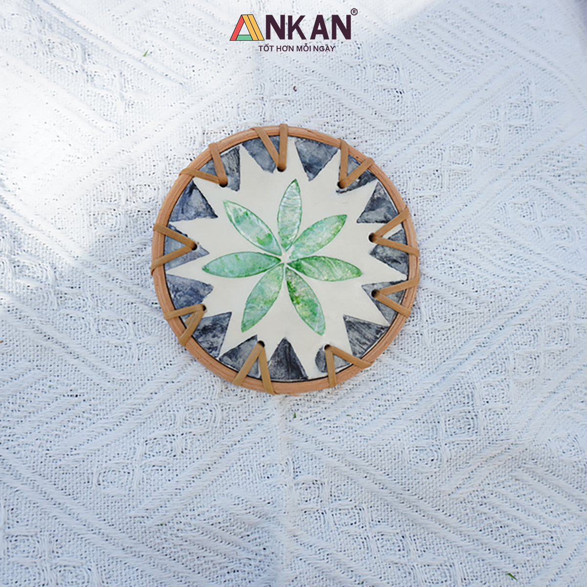 Đế Lót Ly Mây Khảm Trai Tròn ANKAN (10cm) - Lót Cốc Thủ Công Mỹ Nghệ Decor Bàn Ăn, Chụp Ảnh Sang Trọng - Hàng Xuất Khẩu