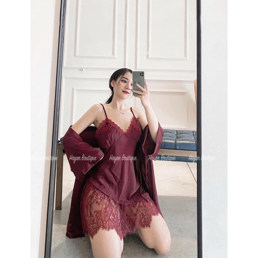 Set váy ngủ và áo choàng sexy ren chân viền hoa gợi cảm cao cấp KÈM MÚT NGỰC #HT129