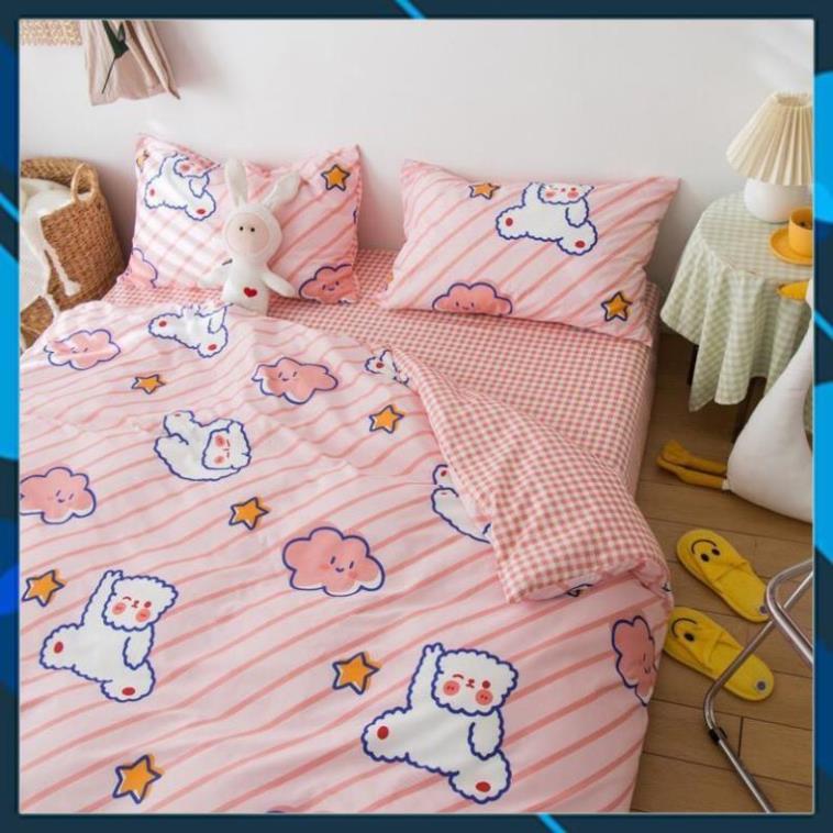 Bộ vỏ chăn ga gối Cotton Poly gấu hồng phối sọc, vỏ chăn mền, drap giường và 2 vỏ gối