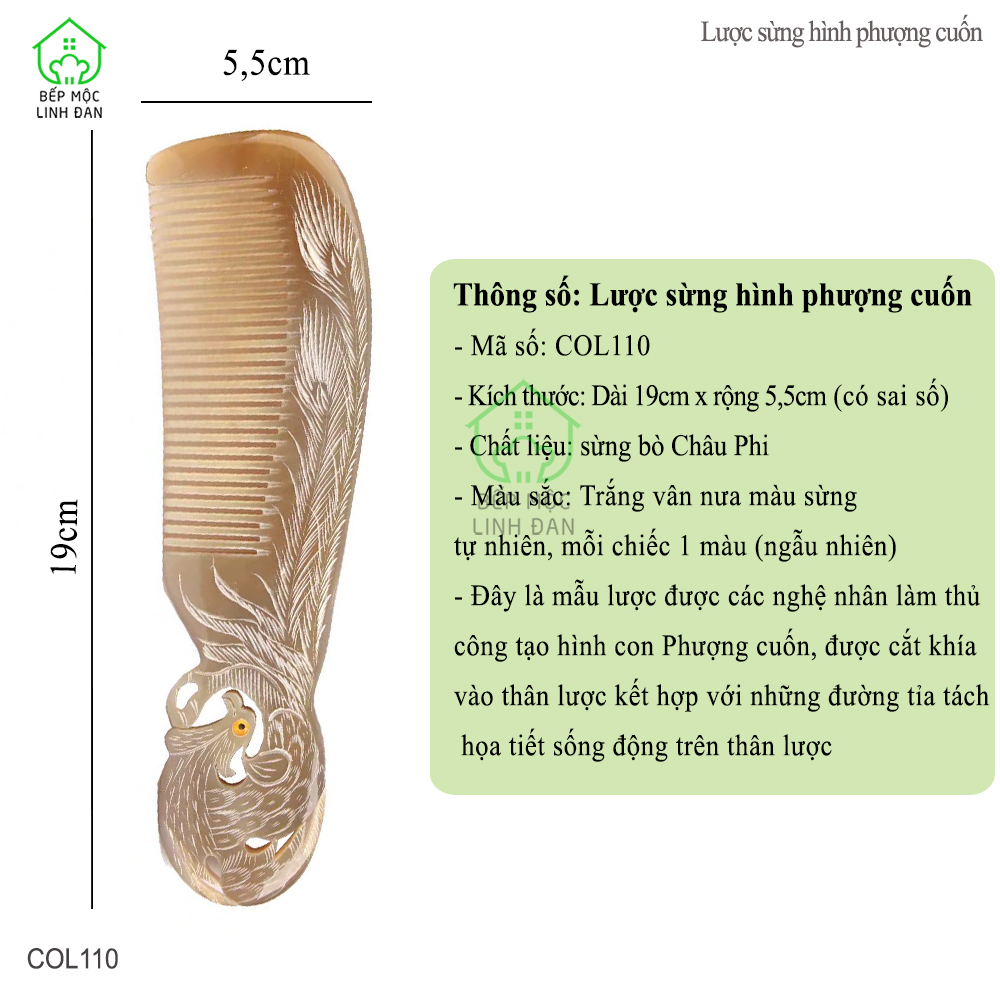 Lược Sừng Xuất Nhật (Size: 19cm) Hình Phượng Cuốn [COL110]