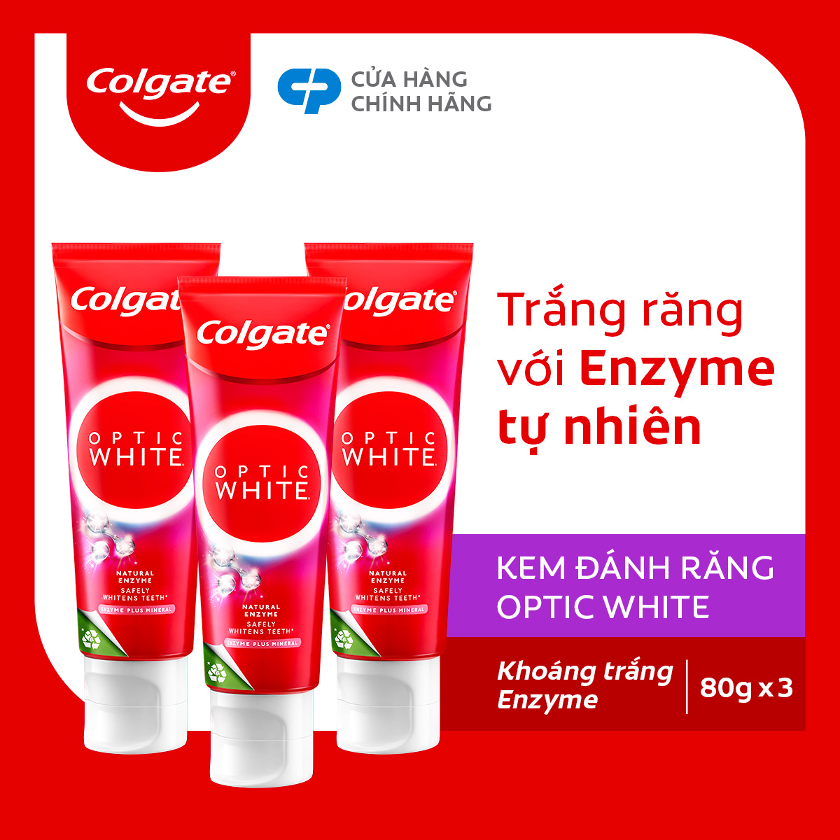 Bộ 3 Kem Đánh Răng Colgate trắng răng Enzyme Plus Mineral làm trắng răng an toàn 80g/tuýp