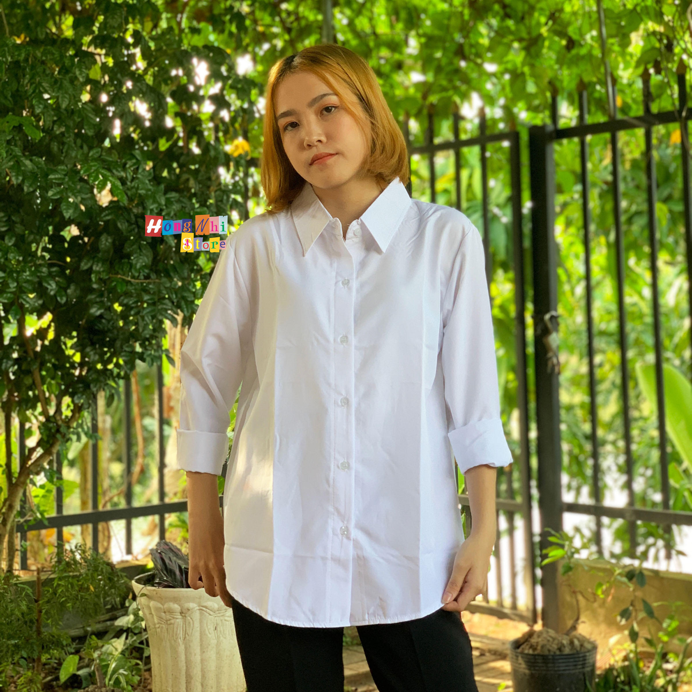 Sơ Mi Trơn Dáng Rộng Basic Unisex Tay Dài Màu Trắng - MM
