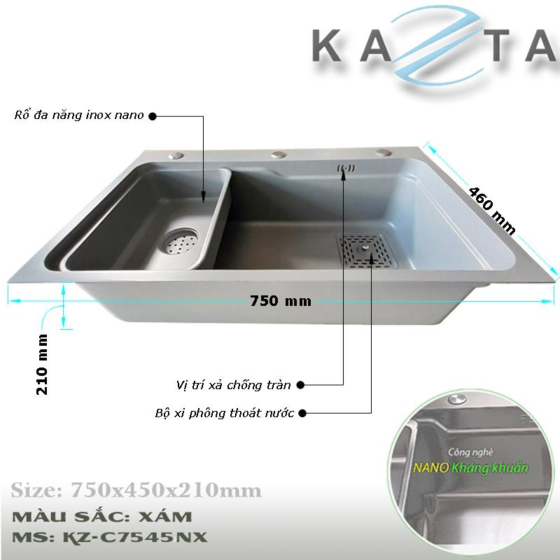 Chậu rửa chén bát cao cấp KAZTA KZ-C7546NX nano kháng khuẩn kèm khay inox và thớt tiện dụng