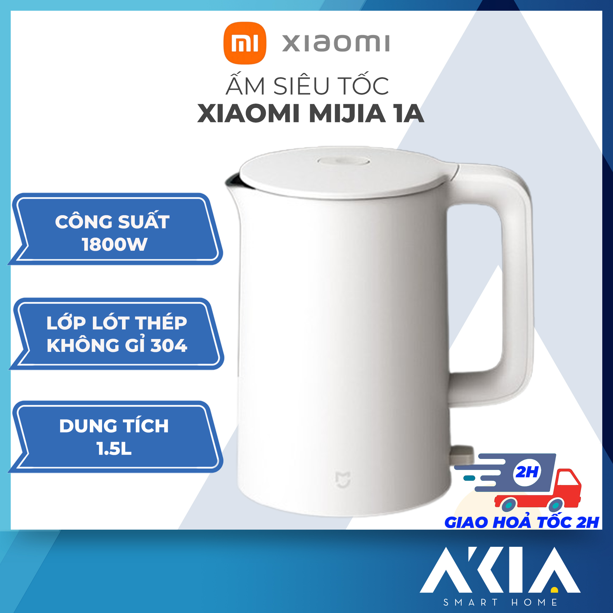 Ấm siêu tốc Xiaomi Mijia 1A - Đun sôi nhanh chóng, công suất 1800W, thép không gỉ, dung tích lớn 1.5 lít, tiết kiệm điện - Hàng chính hãng