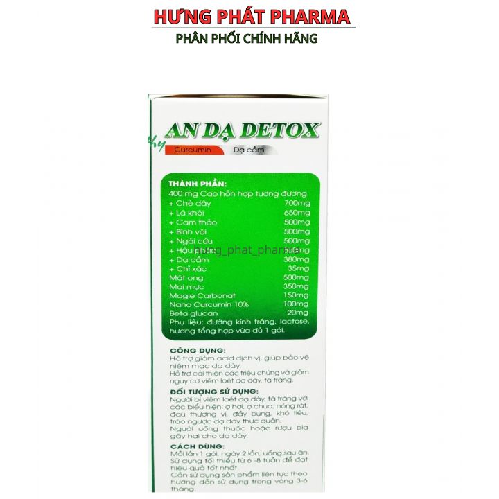 Nano Curcumin An Dạ Detox giúp giảm nhanh các triệu chứng viêm đau dạ dày, viêm loét dạ dày, tá tràng- hộp 20 gói