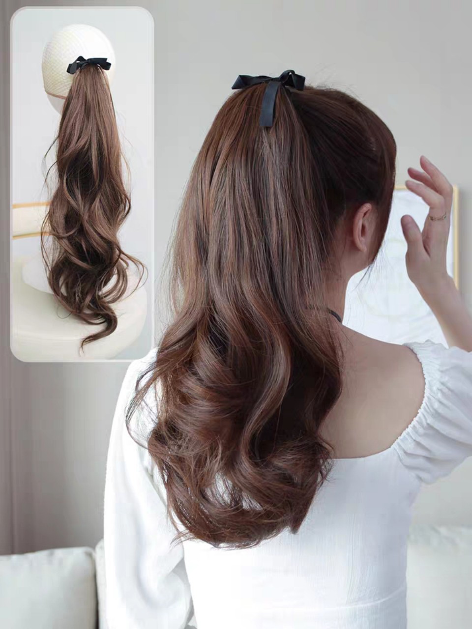 Tóc giả cột xoăn kiểu Hàn siêu sang chảnh, cam kết y hình, giống tóc thật 100%, chất tơ Hàn cao cấp loại 1, chịu nhiệt tốt có thể bấm uốn, duỗi, gội thoải mái