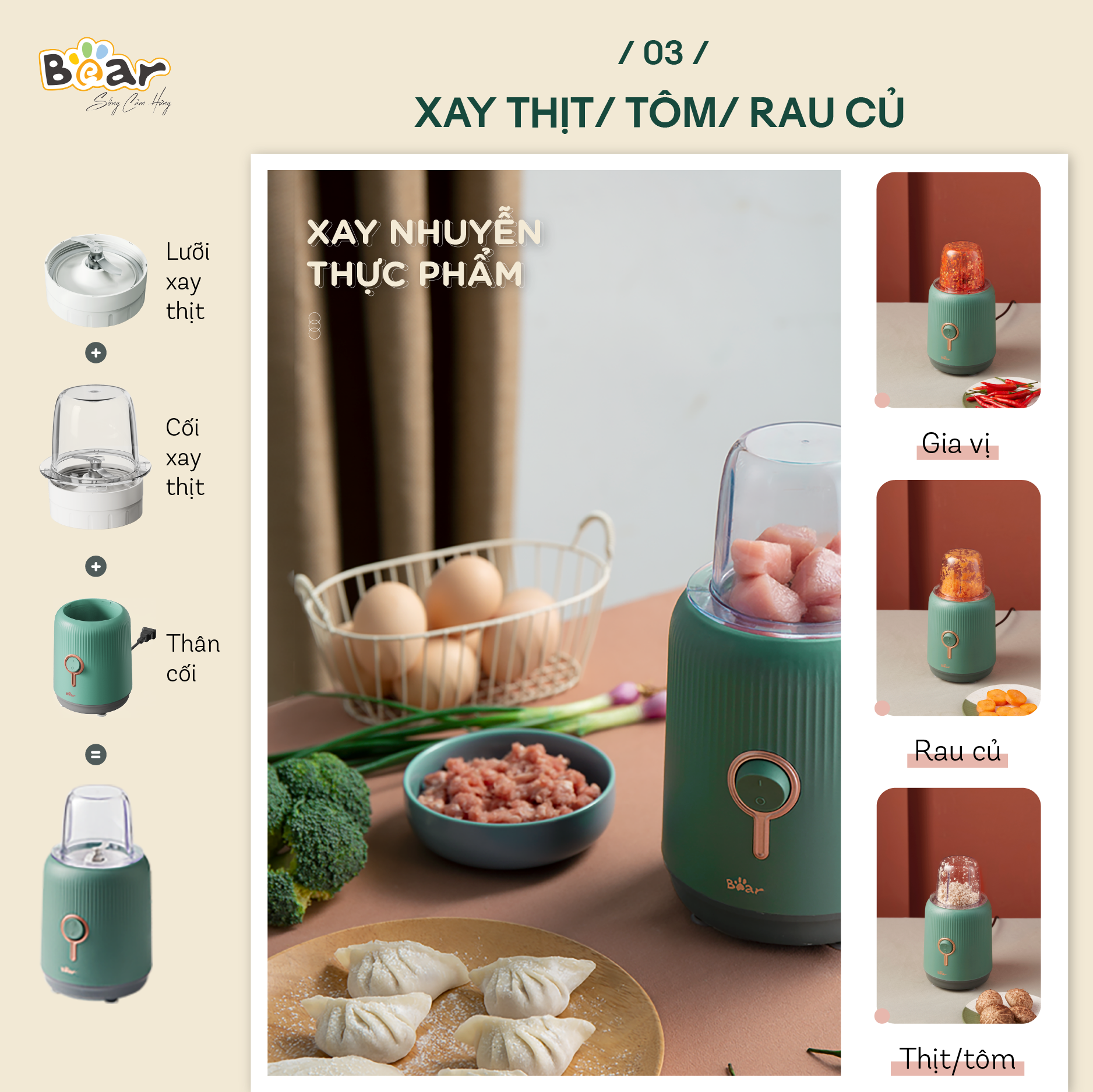 Máy xay đă năng 3 trong 1 BEAR BL-B10V2 xay thịt, hoa quả, nhanh chóng, tiện lợi - Hàng nhập khẩu