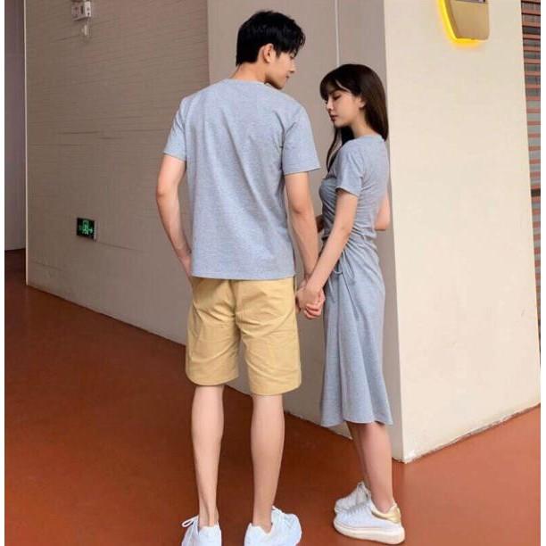 Áo đôi: Đầm thun rút dây một bên eo + Áo thun nam cổ tròn