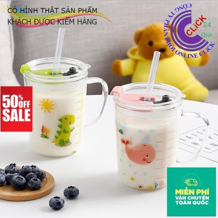 Combo 2 Ly Thủy Tinh Chịu Nhiệt Nóng Lạnh Có Nắp Kèm Ống Hút Dẻo 400ml, Có Vạch Chia Mức Tiện Dụng - Hàng Cao Cấp