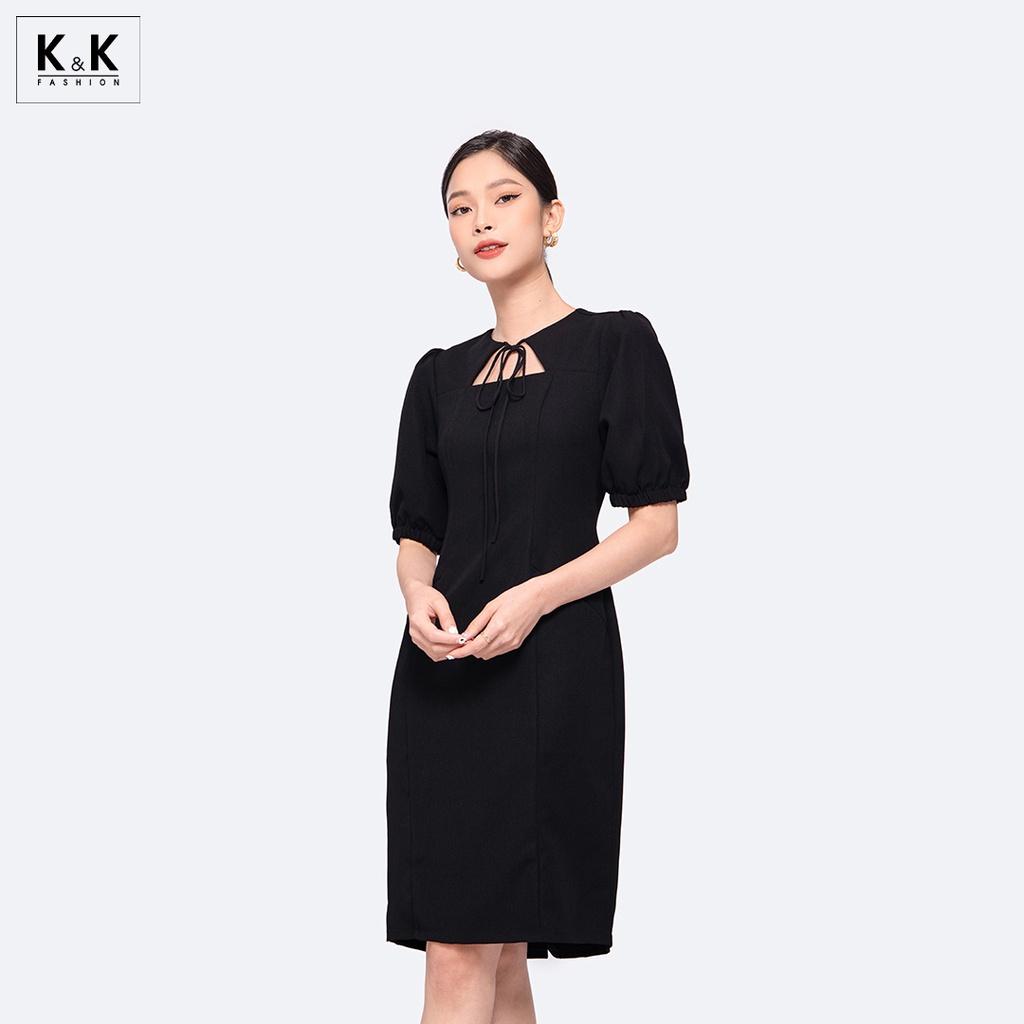 Đầm Đen Công Sở Cổ Cut Out Tay Lửng K&amp;K Fashion KK119-30 Chất Liệu Tuyết Mưa