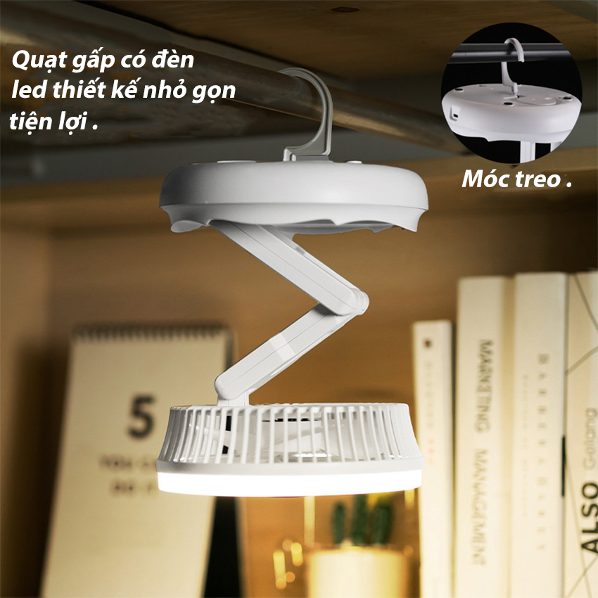 Quạt tích điện mini Đa Năng SeaSy SS83 có đèn Led hỗ trợ Livestream, có thể gấp gọn để bàn hoặc gắn treo tường có 4 mức gió xoay 300 độ - Hàng Chính Hãng