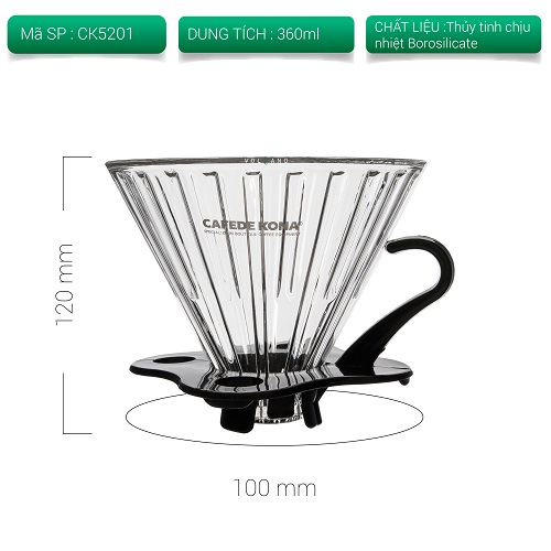 Phễu thuỷ tinh V60 rãnh thẵng đế nhựa đen Cafede Kona