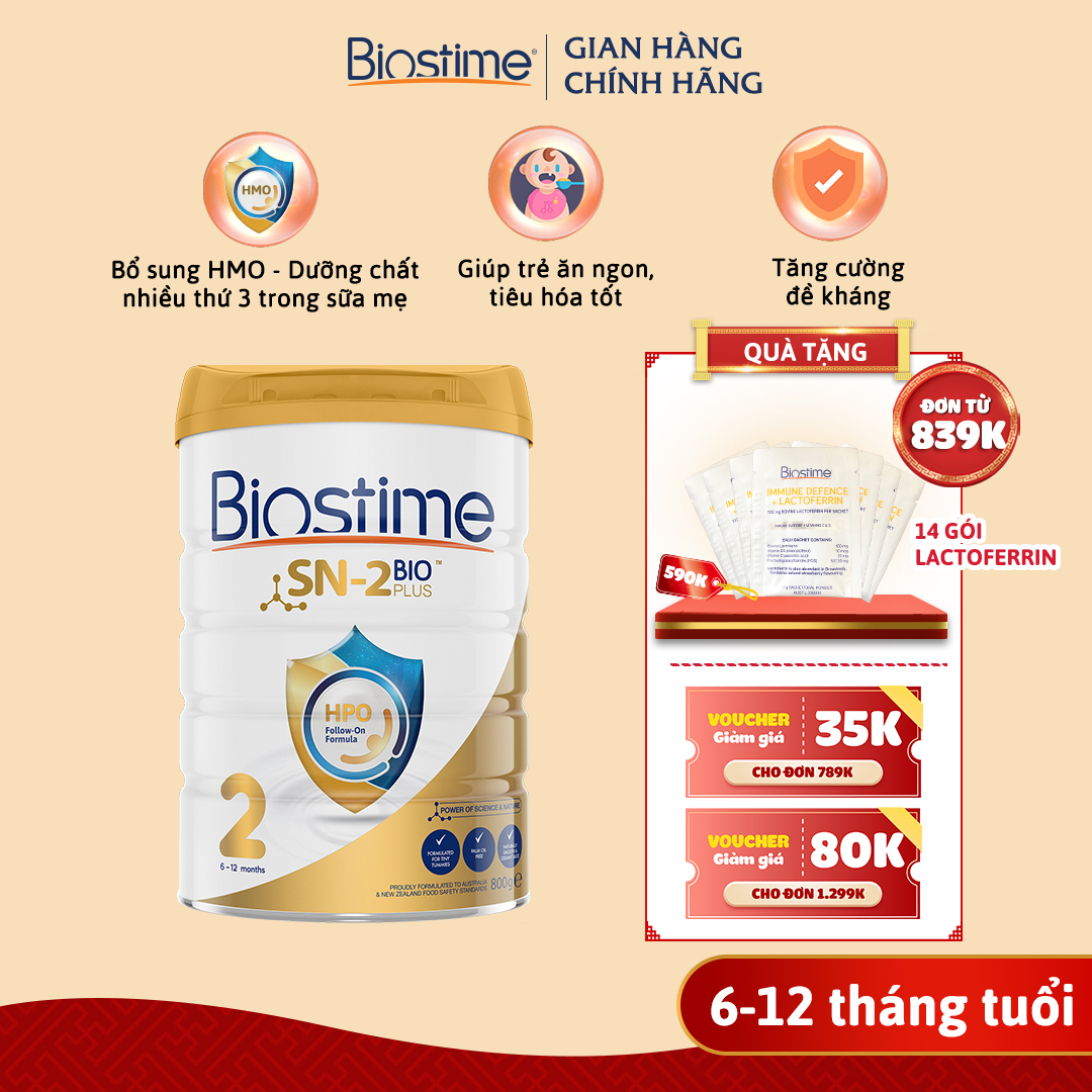 Combo 3 lon Sữa Bò Biostime SN2 Bio Plus HPO, cải thiện tiêu hóa tăng cường hấp thu cho bé 800g