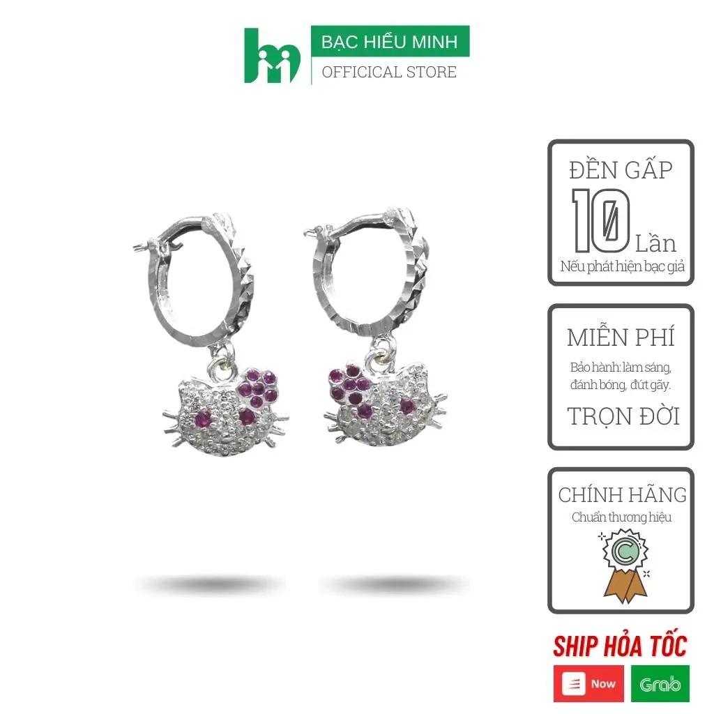 Hoa tai trẻ em mèo kity Bạc Hiểu Minh HTE001 bạc ta