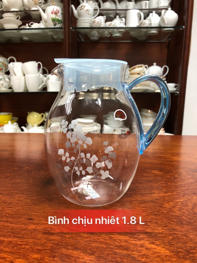 Bình đựng nước thủy tinh chịu nhiệt LL-1,8L quai xanh dương họa tiết hoa dây - ANTH202