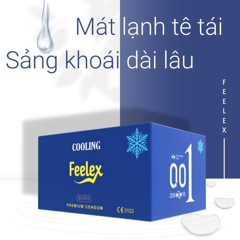 Bao cao su nam Feelex xanh Cooling, mỏng, nhiều gel bôi trơn, cảm giác mát lạnh - Hộp 10 bcs