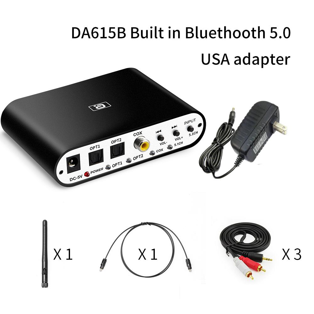 DA615 5.1CH Bộ giải mã âm thanh Bộ thu Bluetooth 5.0 DAC Bộ chuyển đổi âm thanh không dây Quang học đồng trục AUX USB Chơi đĩa DAC DTS AC3 FLAC
