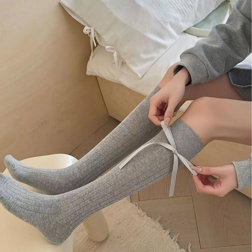 Tất, vớ bắp chân GÂN KẺ SỌC ĐÍNH NƠ phong cách Lolita NhậtBản trẻ trung, thanh lịch có nhiều màu lựa chọn cho nữ Women