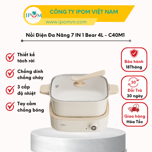 Nồi Lẩu Điện Đa Năng Bear 7 trong 1 Chống Dính Cao Cấp, Nấu Lẩu Thịt Nướng Tiết Kiệm Điện DHG-C40M1 - Hàng Chính Hãng Bảo hành 18 Tháng
