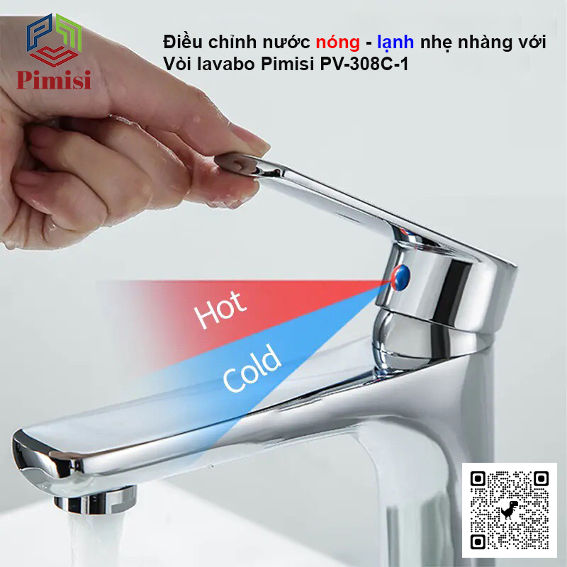 Gật Gù Nóng Lạnh Pimisi PV-308C-1 Dài - Rộng 17 cm, Mạ Xi Sáng Bóng, Dùng Cho Chậu Rửa Mặt 1 Lỗ Ở Nhà Vệ Sinh - Vòi Lavabo Gắn Trên Bồn Chậu Rửa Treo Tường Hay Lavabo Mặt Bàn Đá, Với Đầy Đủ Phụ Kiện Xi Phông Và Dây Cấp Nước | Hàng Chính Hãng