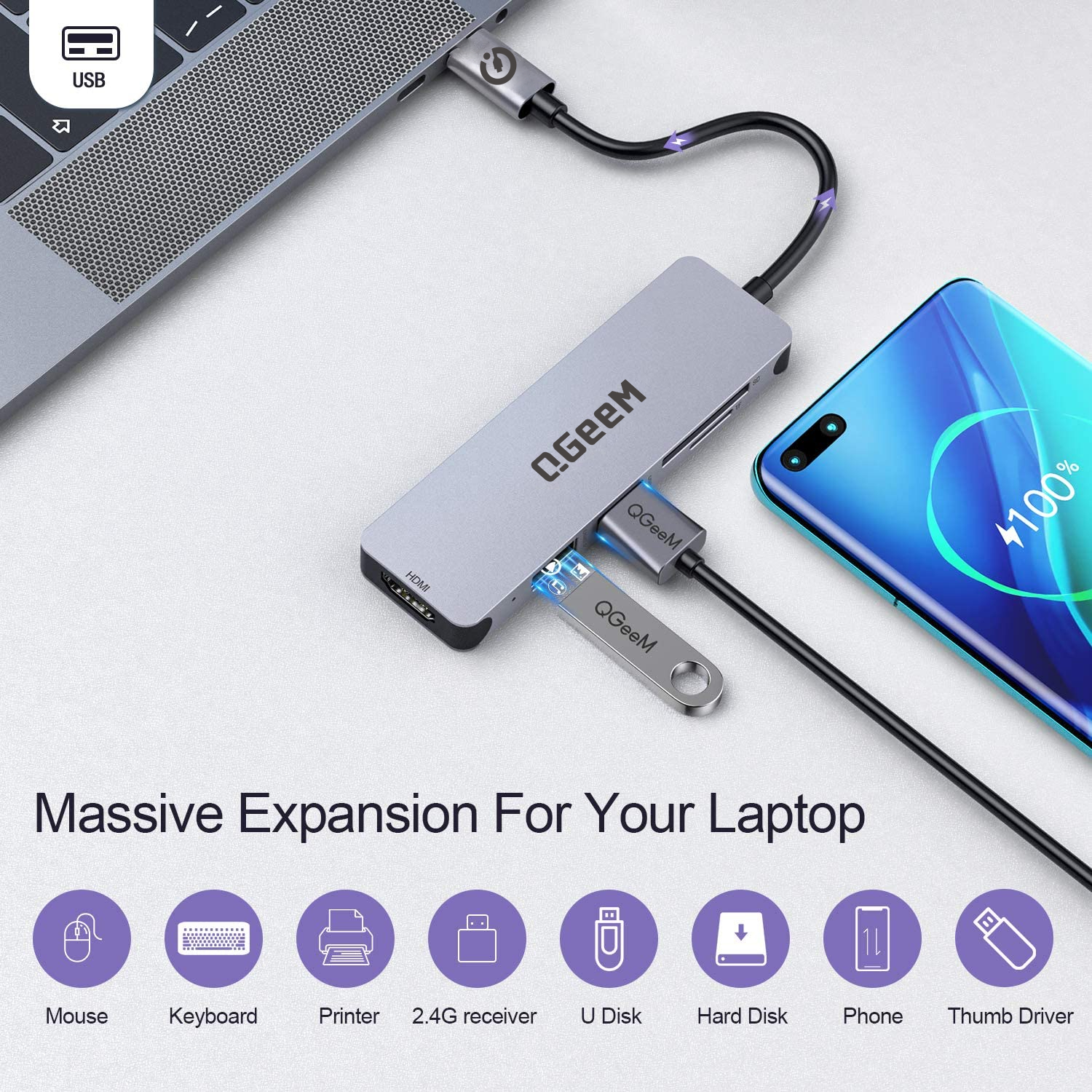 Bộ Hub QGeeM đa năng 5 trong 1 dành cho MacBook Pro 13/15 Surface Go, USB C Adapter - Hàng chính hãng