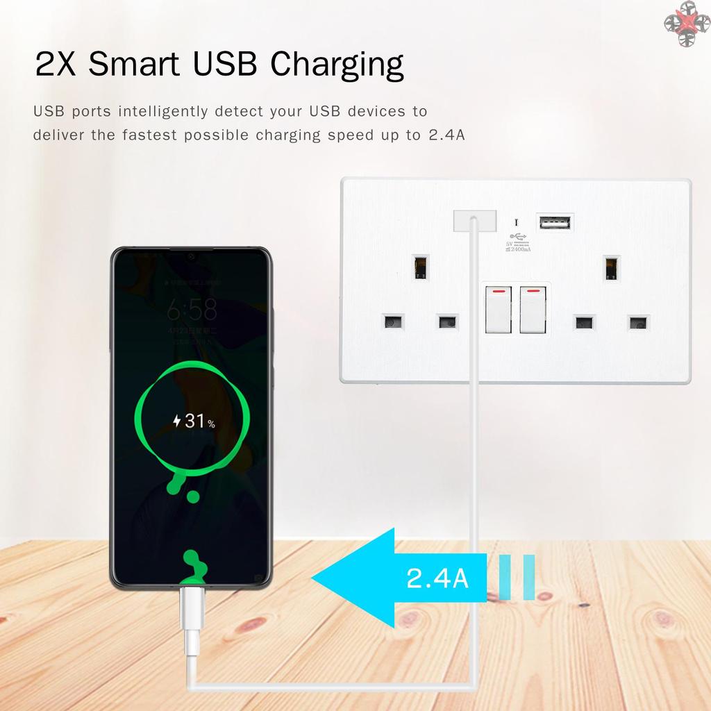 Ổ Cắm Điện Gắn Tường 2 Cổng Usb 13a 2 5v 2.4a