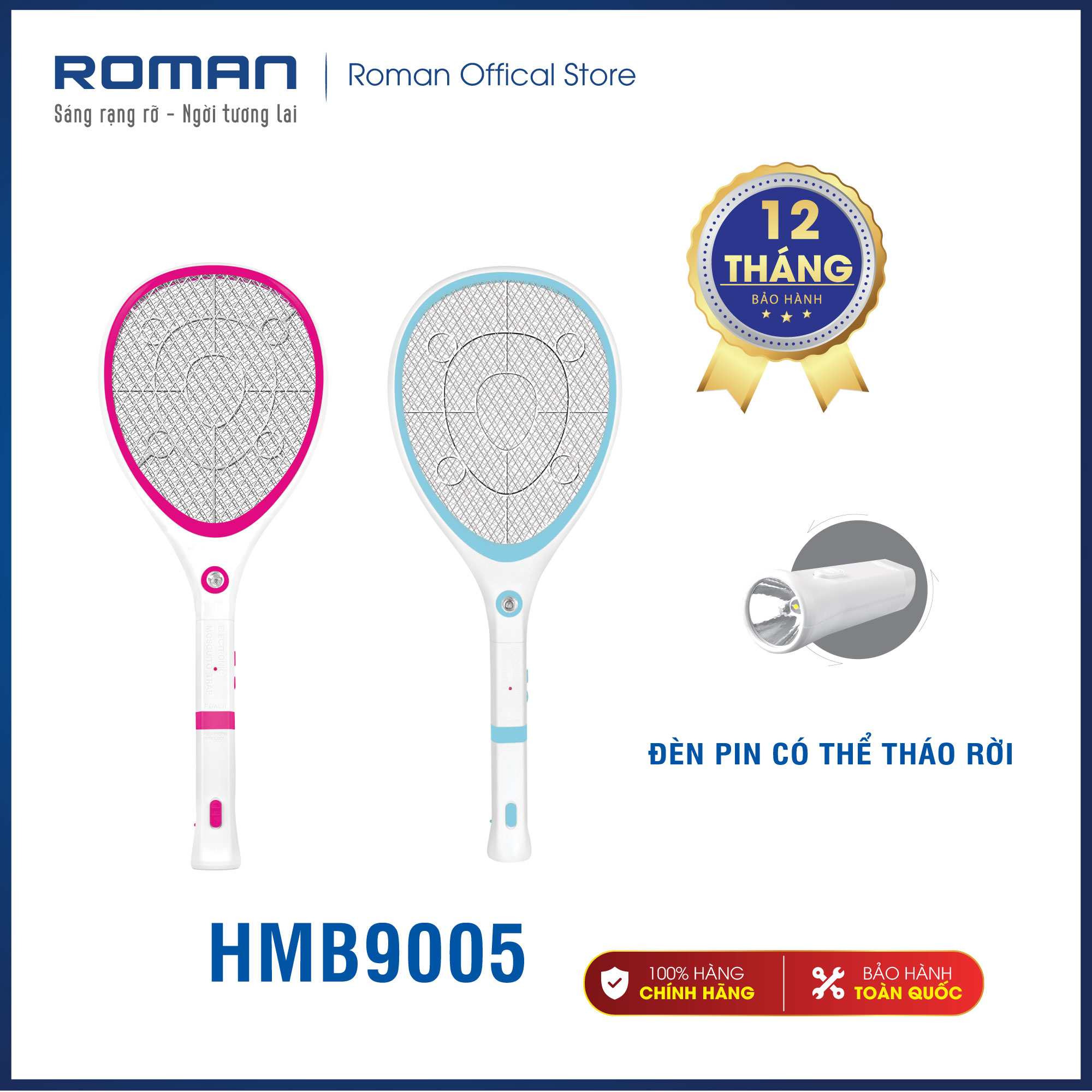 Vợt bắt muỗi Roman HMB9005 chính hãng + Diệt muỗi và côn trùng hiệu quả cao + Thân thiện với môi trường + có 2 màu xanh, hồng bắt mắt