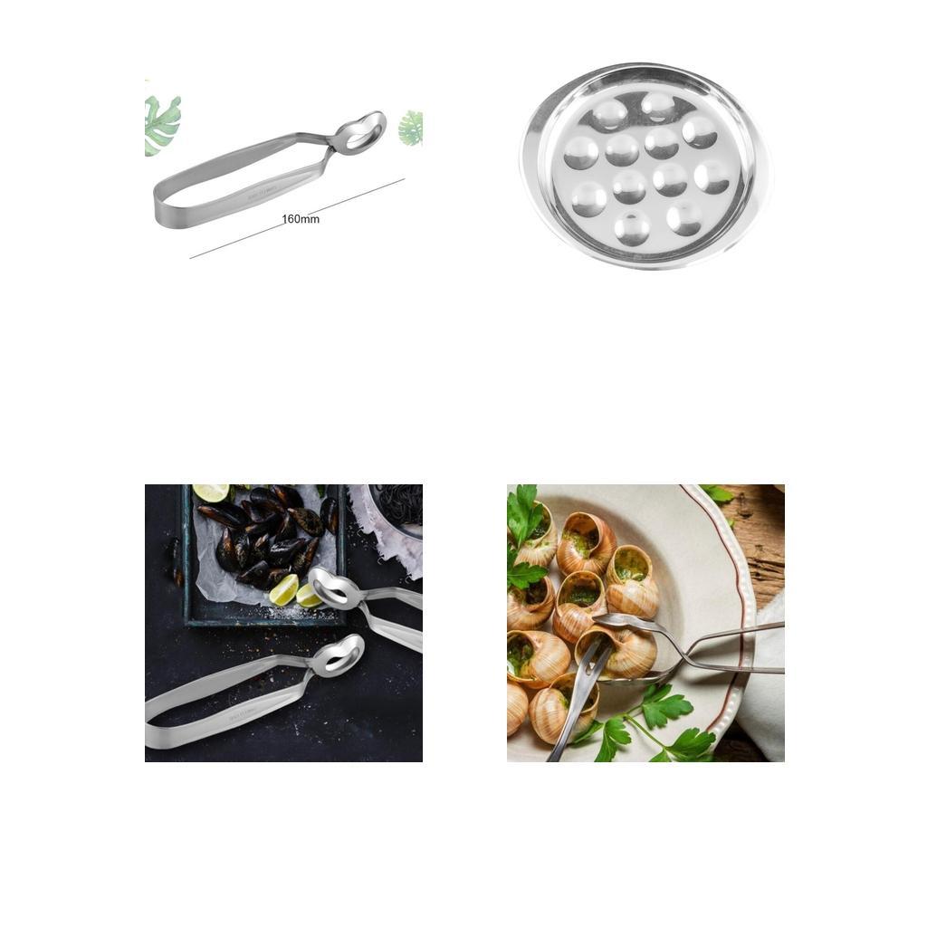 Stainless Steel Snail Escargot Plate Dishes 12 Compartment Holes Tong