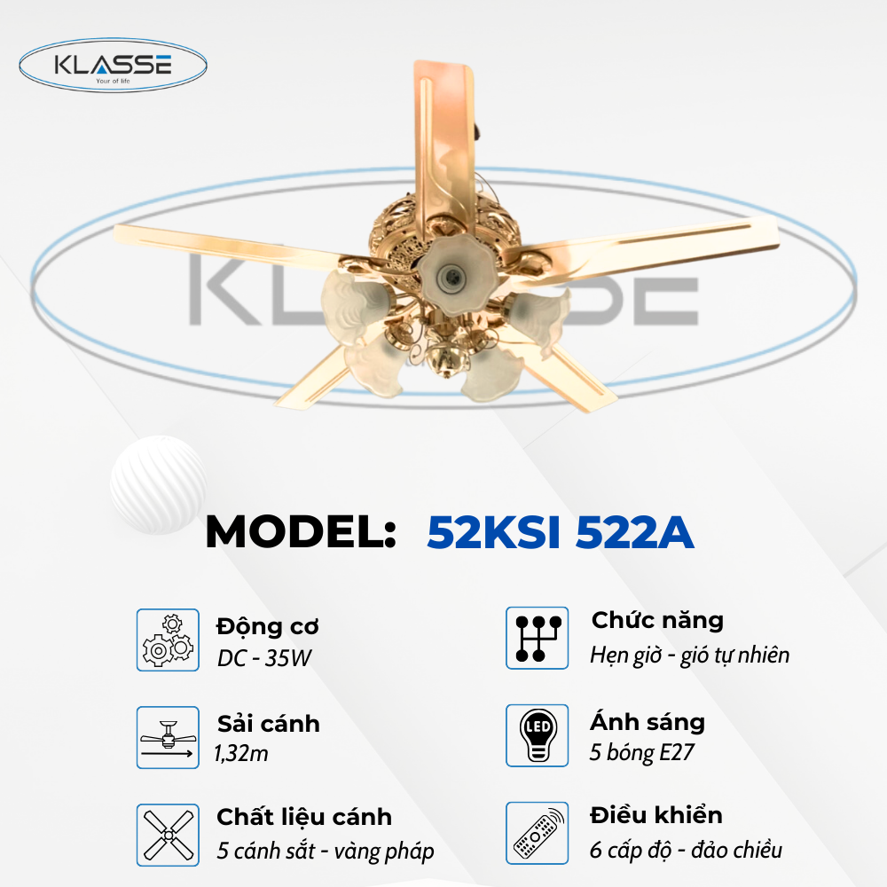 Quạt trần chùm đèn Klasse 52KSI 522A Hàng chính hãng