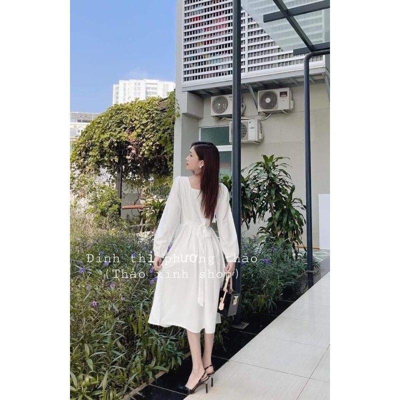 Đầm Nữ Cổ Vuông Nơ Lưng Váy Trắng Dài Tay Q057