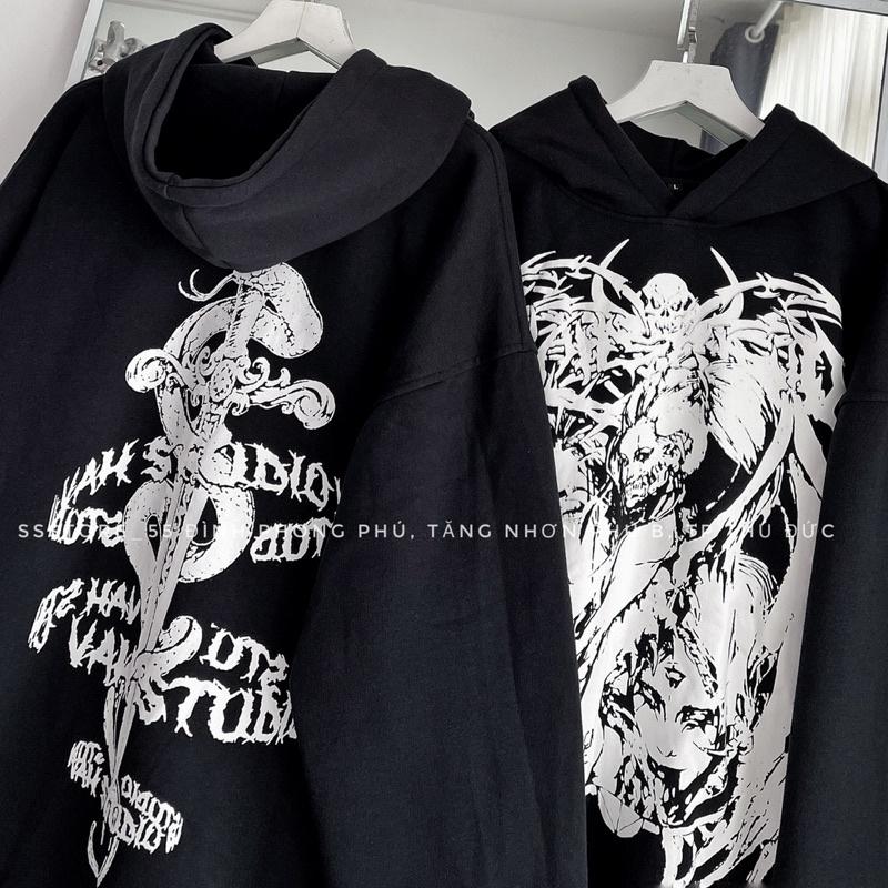 Áo Hoodie nỉ vah v2 màu đen form rộng unisex nam nữ