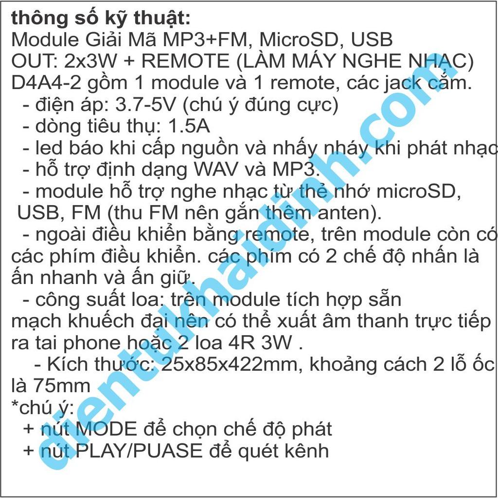 Module Giải Mã MP3+FM, SD, USB, LED + REMOTE D4A3 kde4333