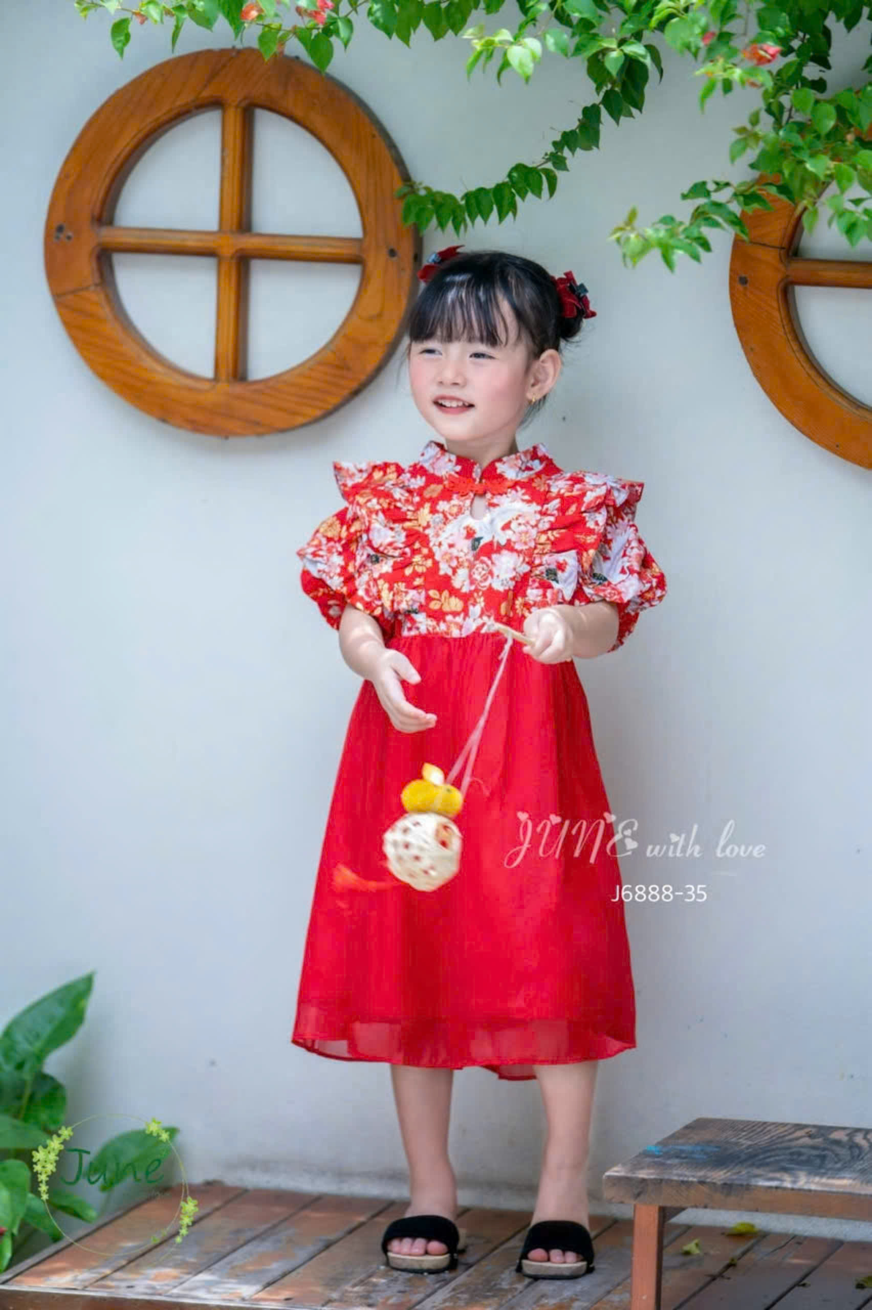Đầm công chúa sườn xám phối voan hoa anh đào cho bé gái size 10-35kg hàng thiết kế cao cấp