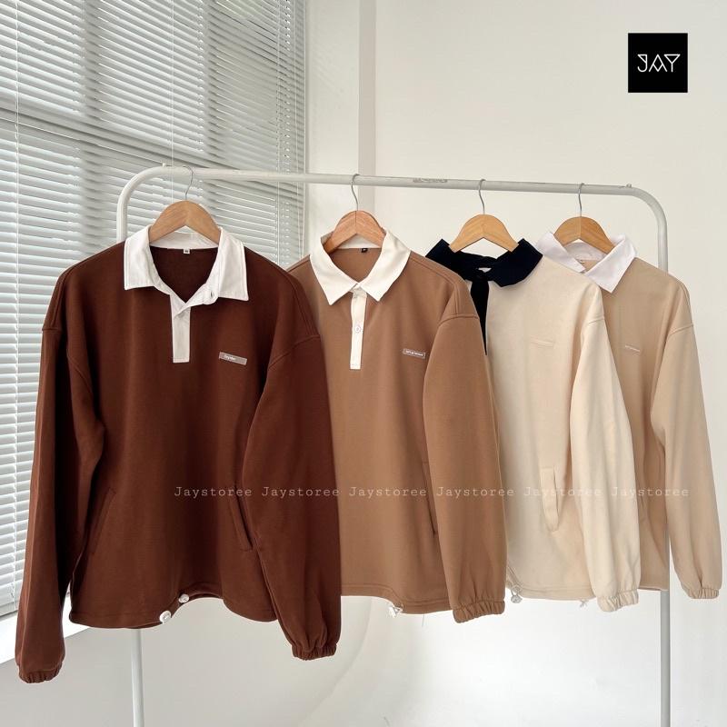 Áo Sweater Polo MOZY màu HỒNG/NÂU/ĐEN Phối Cổ Trắng Form Rộng Ulzzang Unisex Nam nữ unisex Áo Sweater có cổ