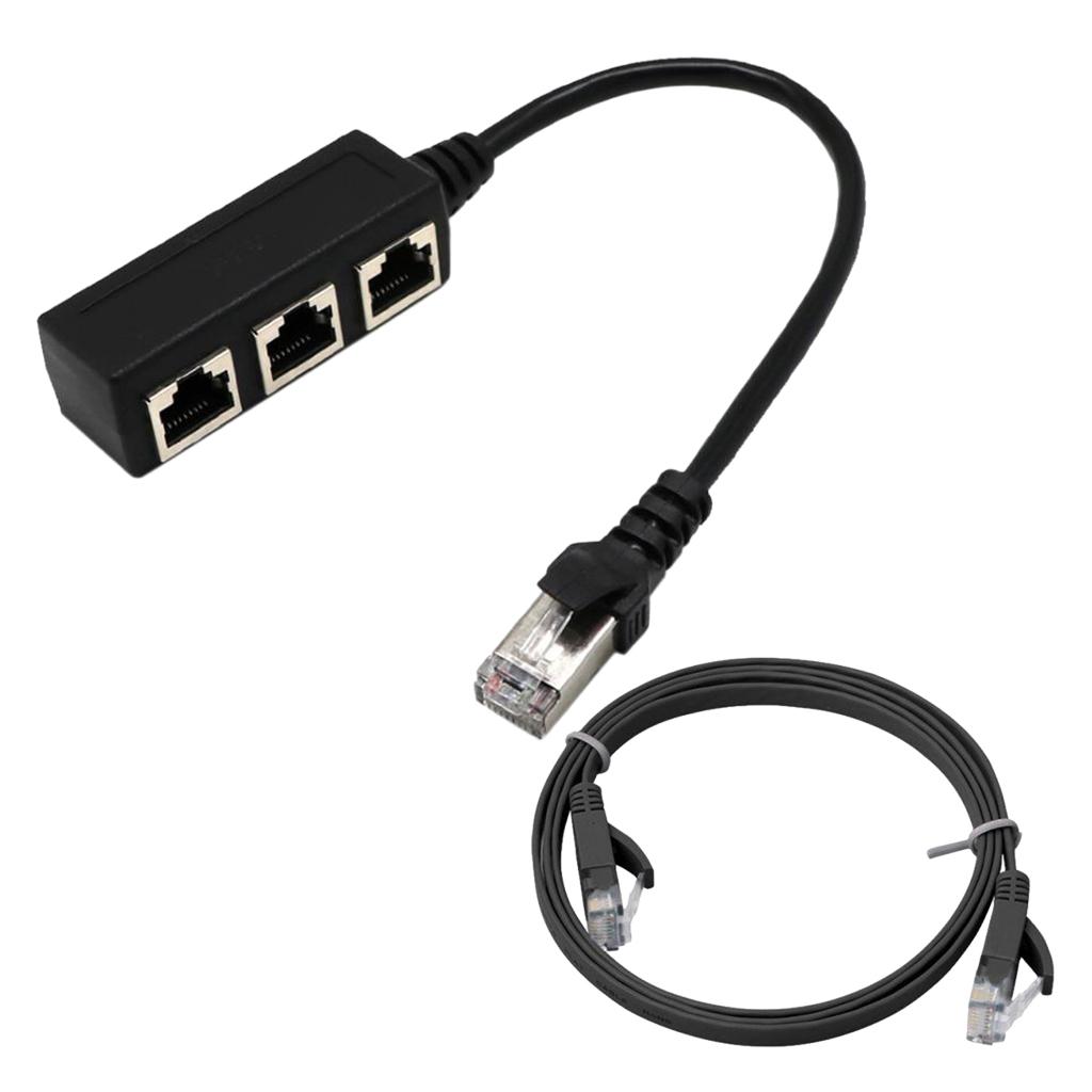 RJ45 Male to 3 Female Network Extender Cable Splitter + Cat 6 Cable Black