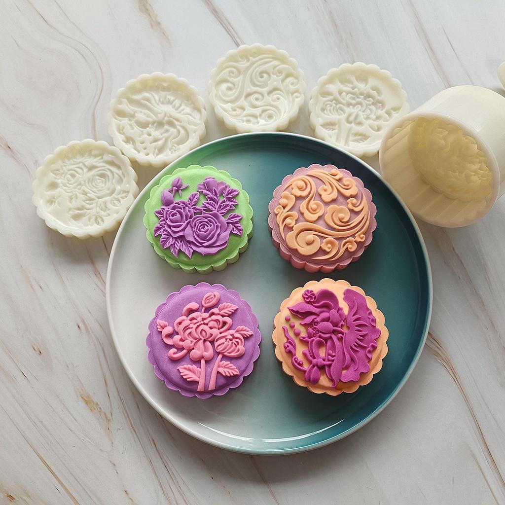 Khuôn bánh trung thu 3D 200g - 4 mặt mẫu hoa
