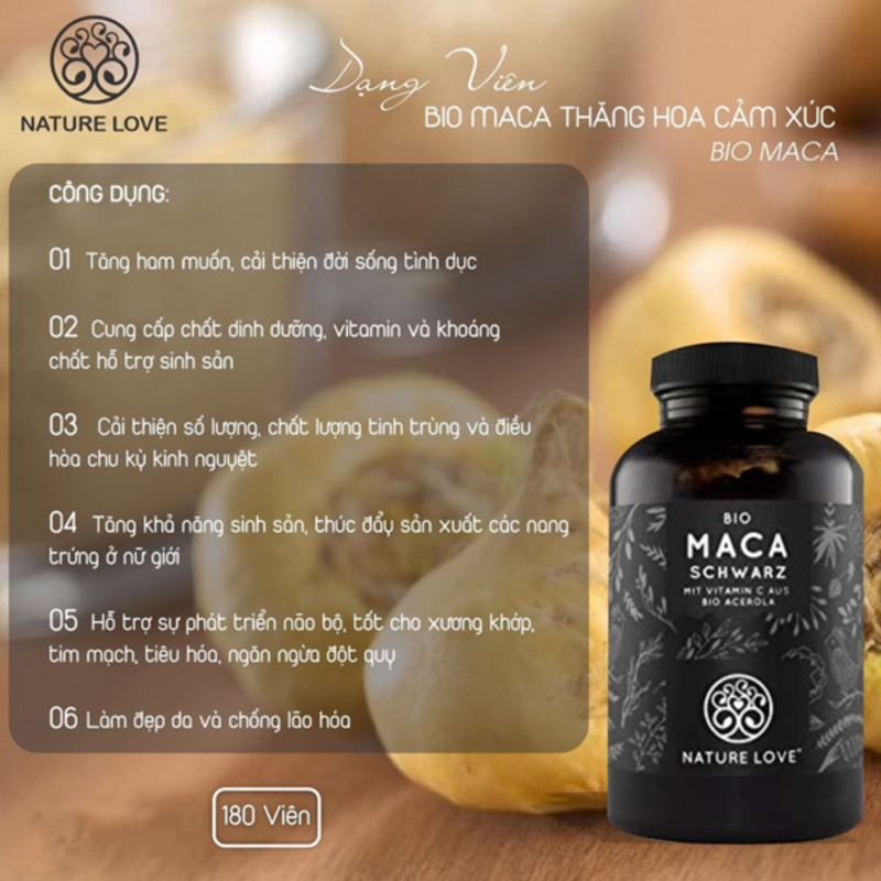 Viên Uống Nature Love Bio Maca Tăng Cường Sinh Lý Nam, Thực Phẩm Chức Năng Black Maca, Nhập Đức, 180 Viên