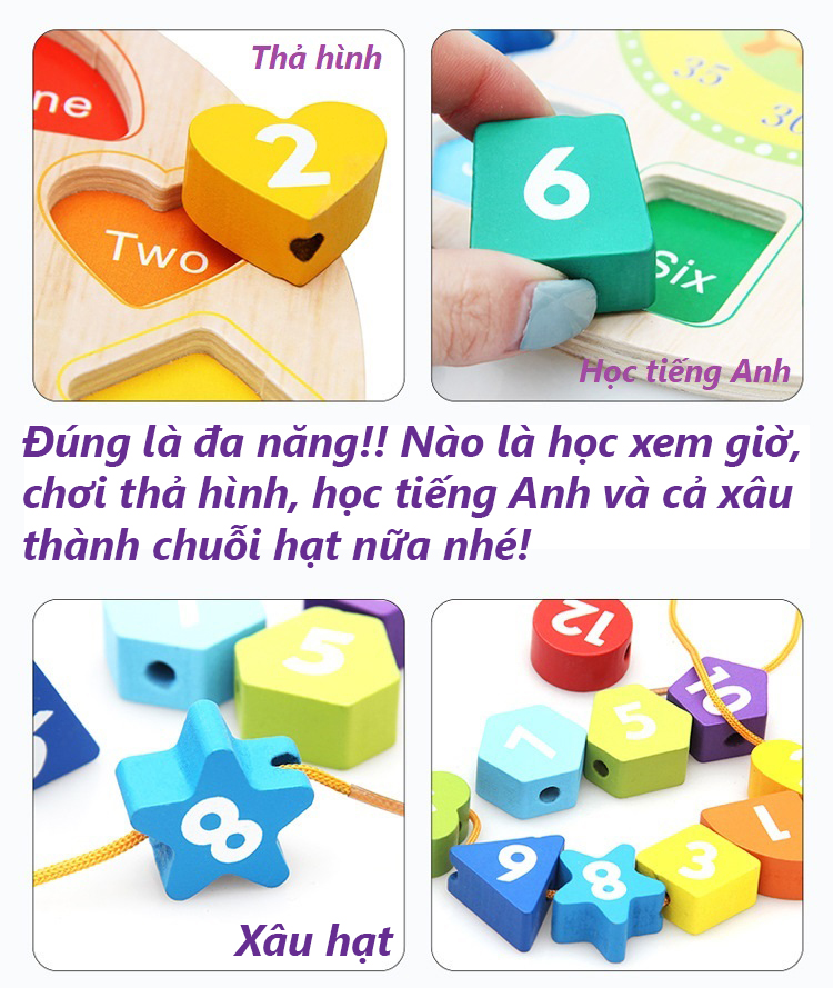 COMBO đồng hồ gỗ và bộ que tính học toán