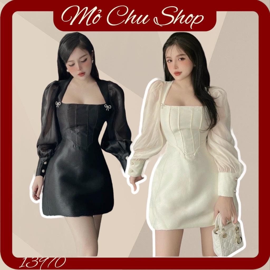 ĐẦM XOÈ CỔ VUÔNG ĐÍNH ĐÁ NƠ TAY VOAN 13970