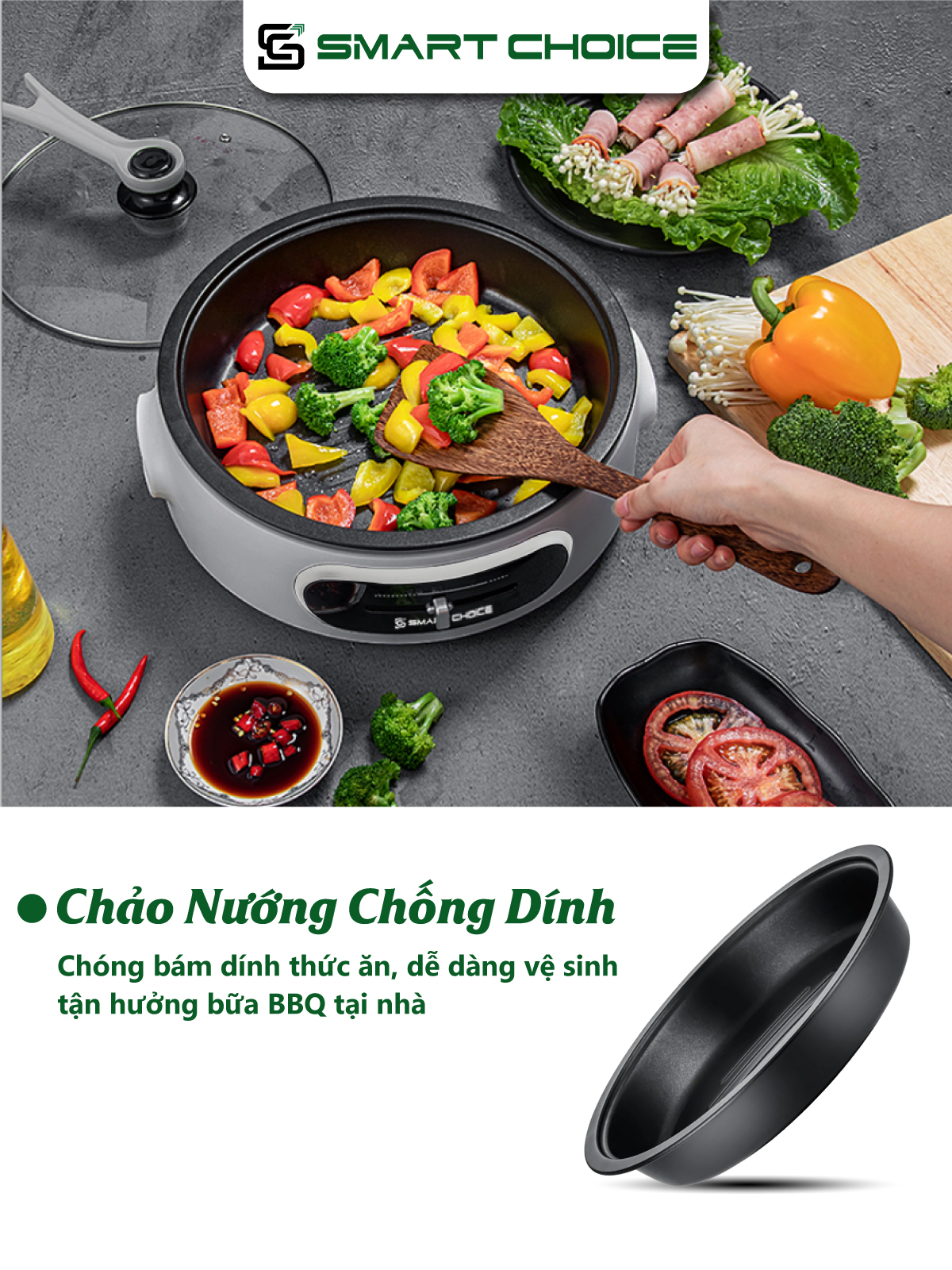 Bếp Lẩu Nướng Điện SMARTCHOICE SCG-LN001 ( dài ) + SCG-LND002 ( tròn ) 2in1 Đa Năng Chống Dính Tốt BH 18 Tháng