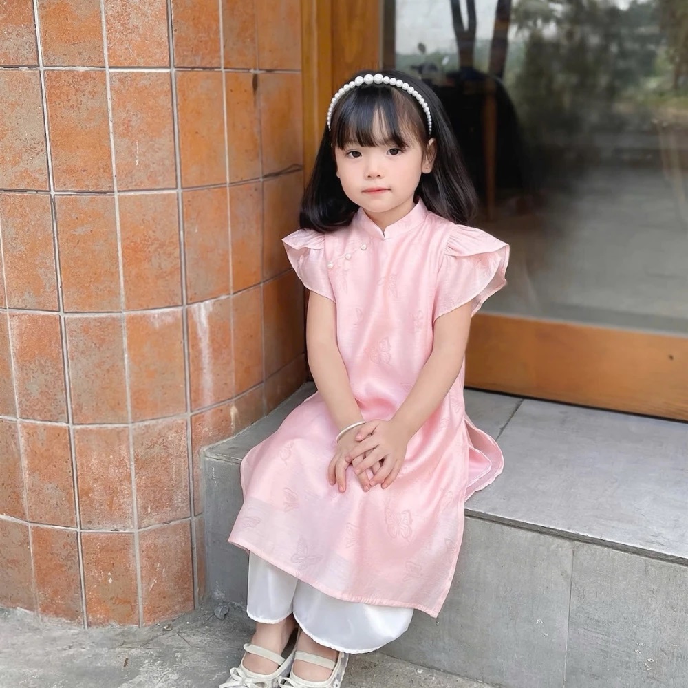 Set Bộ Quần Áo Dài Họa Tiết Hồ Điệp Tay Ngắn Phồng Cho Bé Gái 1-8 Tuổi Dành Cho Bé Gái