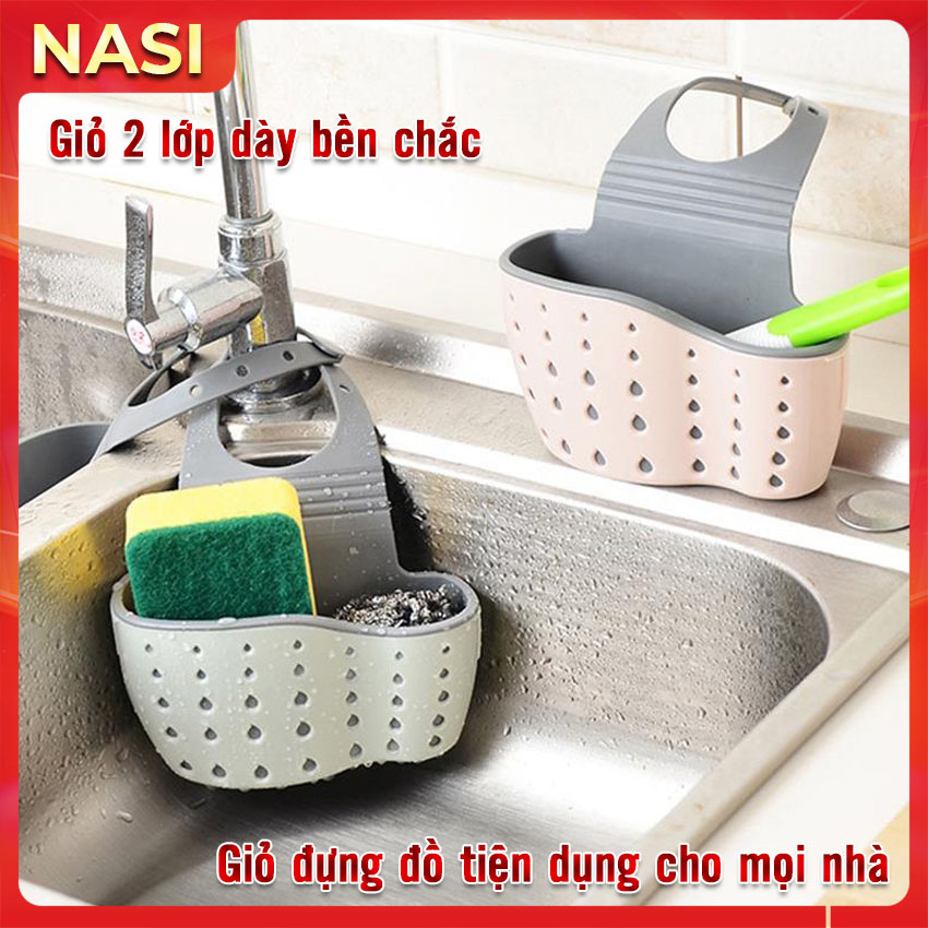 Giỏ đựng đồ rửa chén bát đa năng NASI bằng nhựa dẻo 2 lớp dày bền chắc có quai treo để ở bồn rửa chén hoặc treo móc trên tường