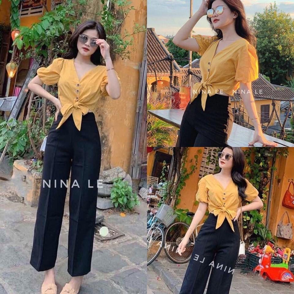 Set Áo Kiểu Cổ V thắt nơ eo quyến rũ, quần Culottes dài ống rộng phong cách, SET ÁO THẮT NƠ