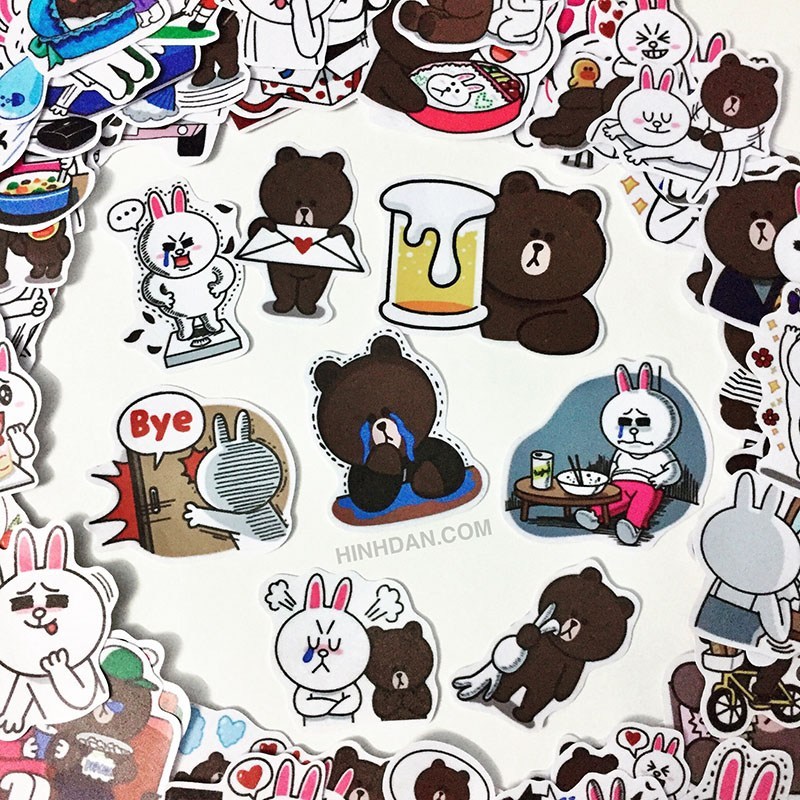 Set 30 sticker Gấu Thỏ Line Brown and Cony hình dán có ép lụa