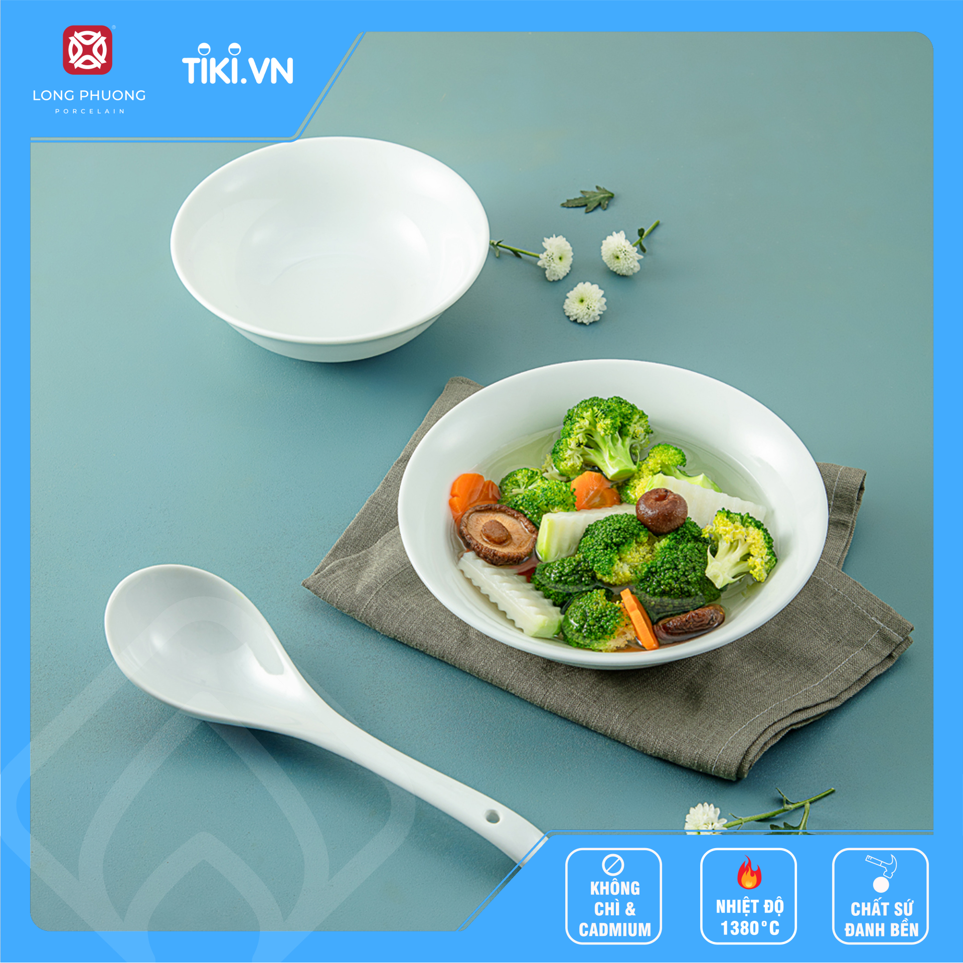 Combo tô choãng 8" kèm muôi cong sứ Long Phương