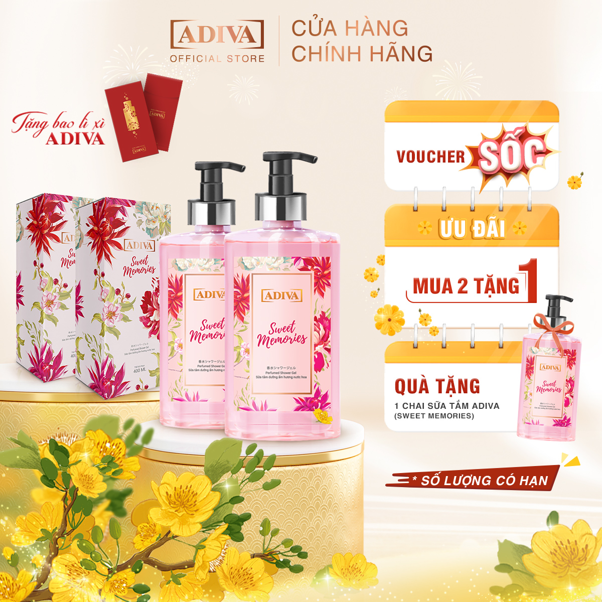 2 Hộp Sữa Tắm Dưỡng Ẩm Hương Nước Hoa ADIVA Sweet Memories 400ml Tặng 1 Hộp Cùng Loại