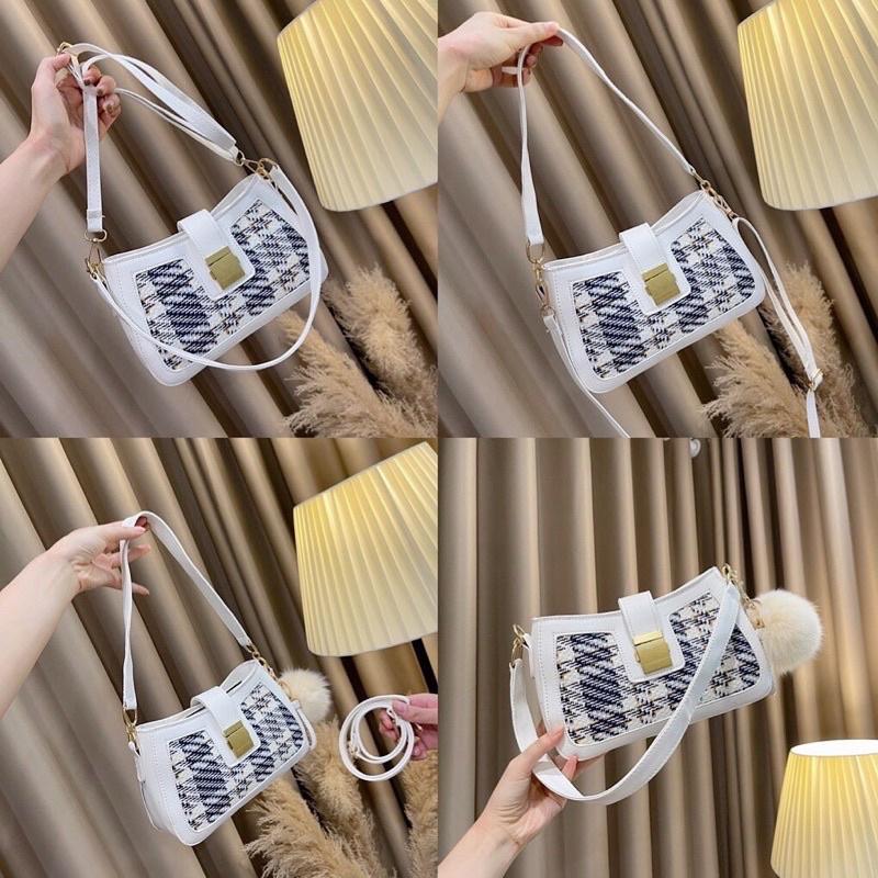 Túi nữ pha dạ kẻ, túi đeo chéo 2 màu xinh xắn