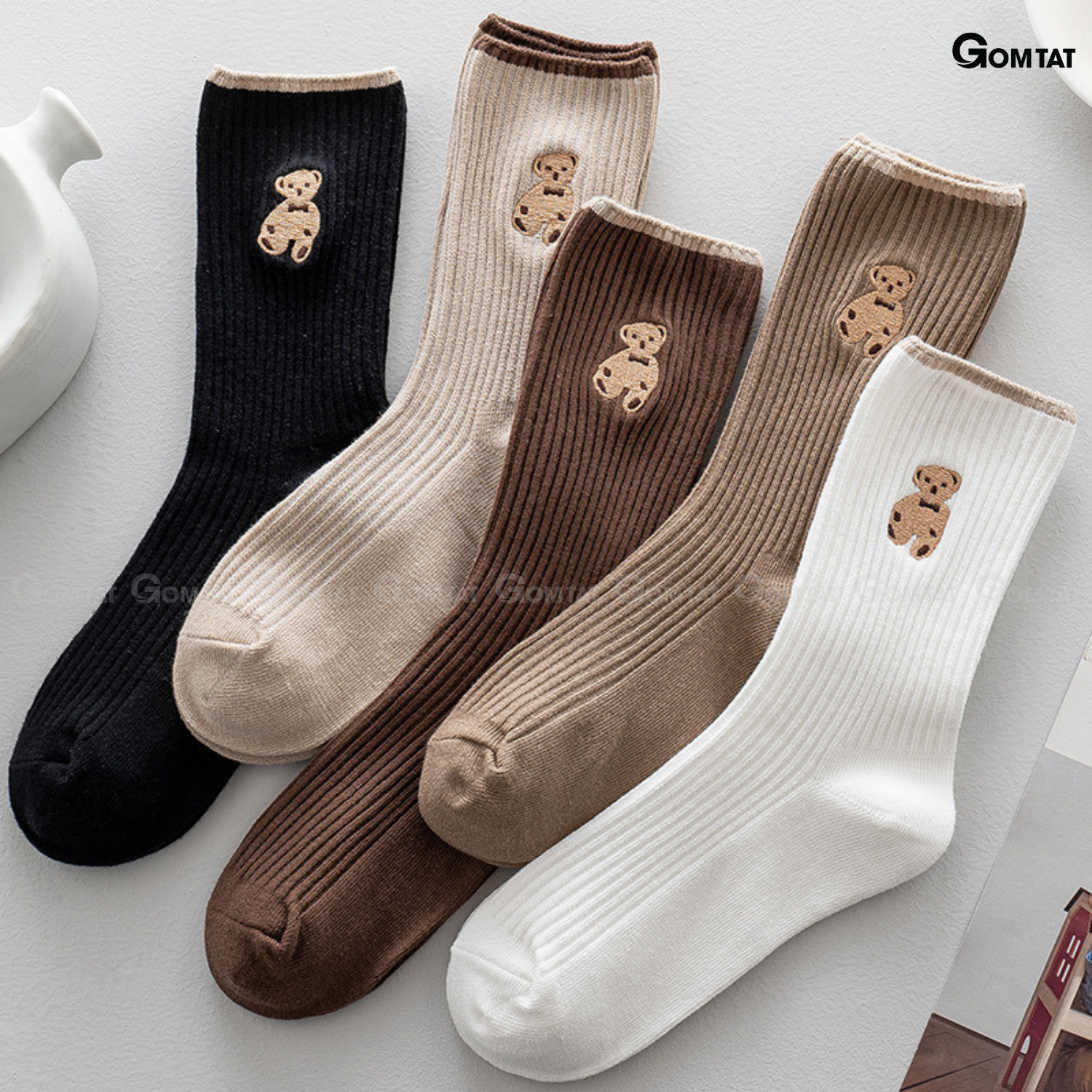 Set 5 đôi tất vớ nữ cổ cao GOMTAT mẫu hình gấu cao cấp, chất liệu dày dặn, hút ẩm, thoáng khí chống mùi - COCAO-HINHGAU